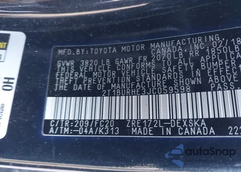 2018 Toyota Corolla Se from USA, damaged, VIN 2T1BURHE3JC059598